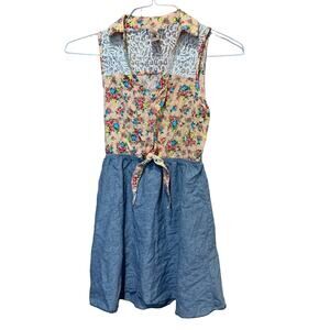 L8teR XS Cottage Core Denim Blue Peach Floral Lace Sleeveless Keyhole Tie Dress
